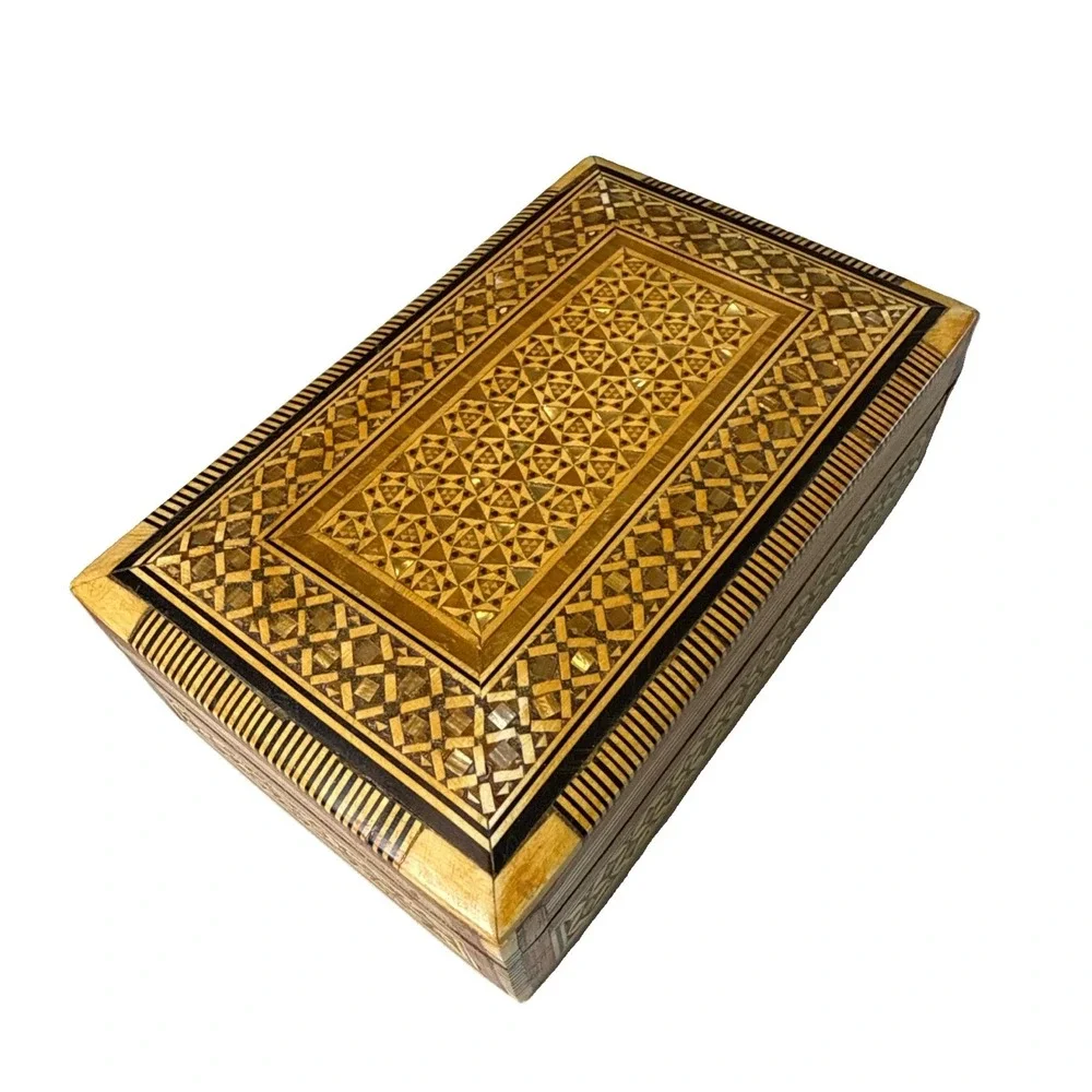 Vintage Ultra Micro Mosaic Mother Of Pearl Inlay Wooden Rectangle Box